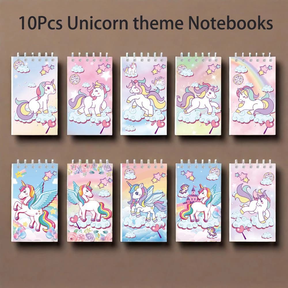 10 pezzi di cartone animato arcobaleno unicorno tema taccuino a spirale portatile mini blocco note per bambini bomboniere per feste di compleanno premi per il ritorno a scuola