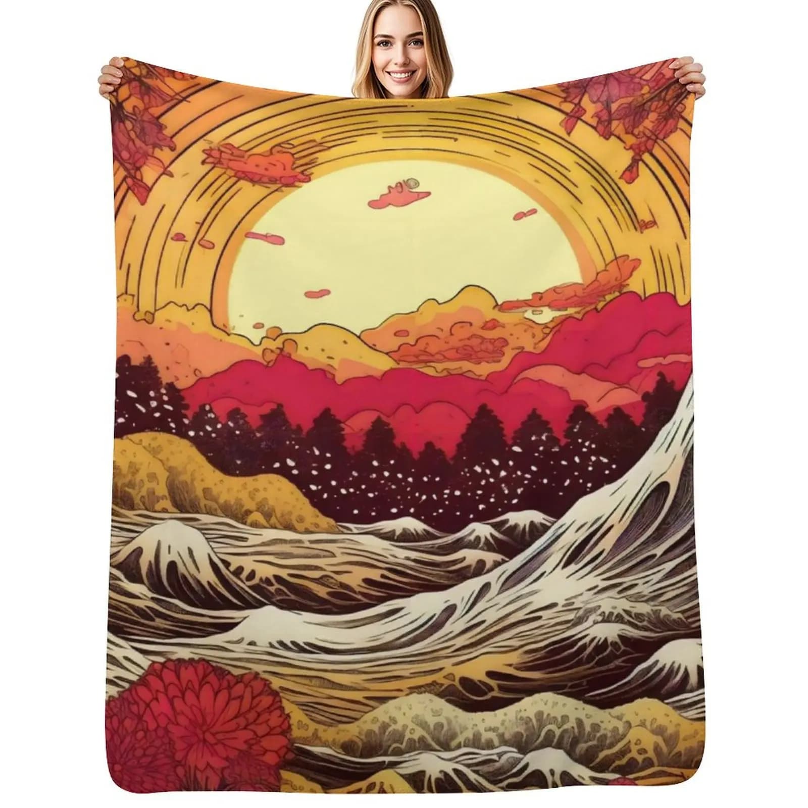 Japanese Japan Wood Block Sunset Okiyo-e Garden Flowers Landscape Throw Blanket Color Fast Cozy Throw Blanket