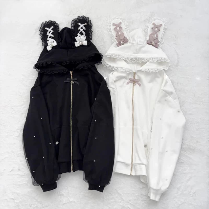 Cappotti patchwork di garza di perle giapponese donna Y2k estetica pizzo orecchie di coniglio giacche casual oversize Harajuku Kawaii felpe con cappuccio Top