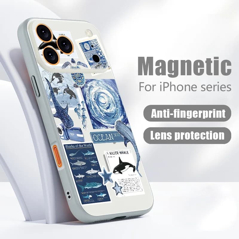 Custodia Ibrida Magnetica Opaca con Stampa Squalo e Pesci Oceanici per iPhone 17 Pro Max, Compatibile con MagSafe, per iPhone 16 15 14 13 Pro Max