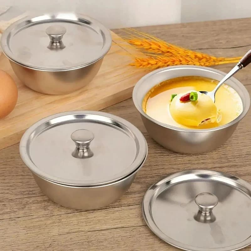 Ciotole per uova al vapore in acciaio inossidabile Ramen Riso Insalata di frutta Ciotole per stufato con coperchi Tazza per zuppa Contenitore per alimenti Forniture per stoviglie da cucina