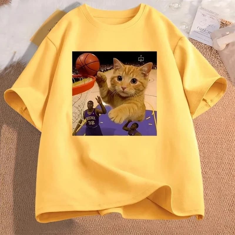 Funny Cat Slam Dunk Basket Meme Women's T-shirt Casual Harajuku Short Sleeve T-shirt Streetwear T-shirts Clothing