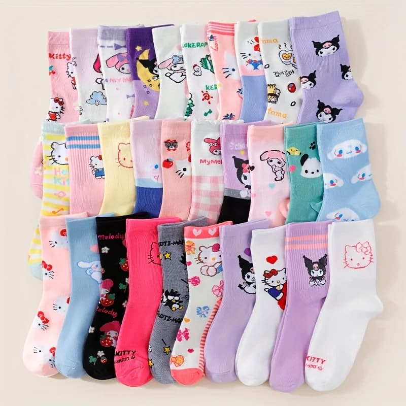 5-Pair Women's Sanrio Cute Cartoon Hello Kitty Kuromi Cinnamoroll My Melody Series Pattern Versatile Comfortable Long Socks