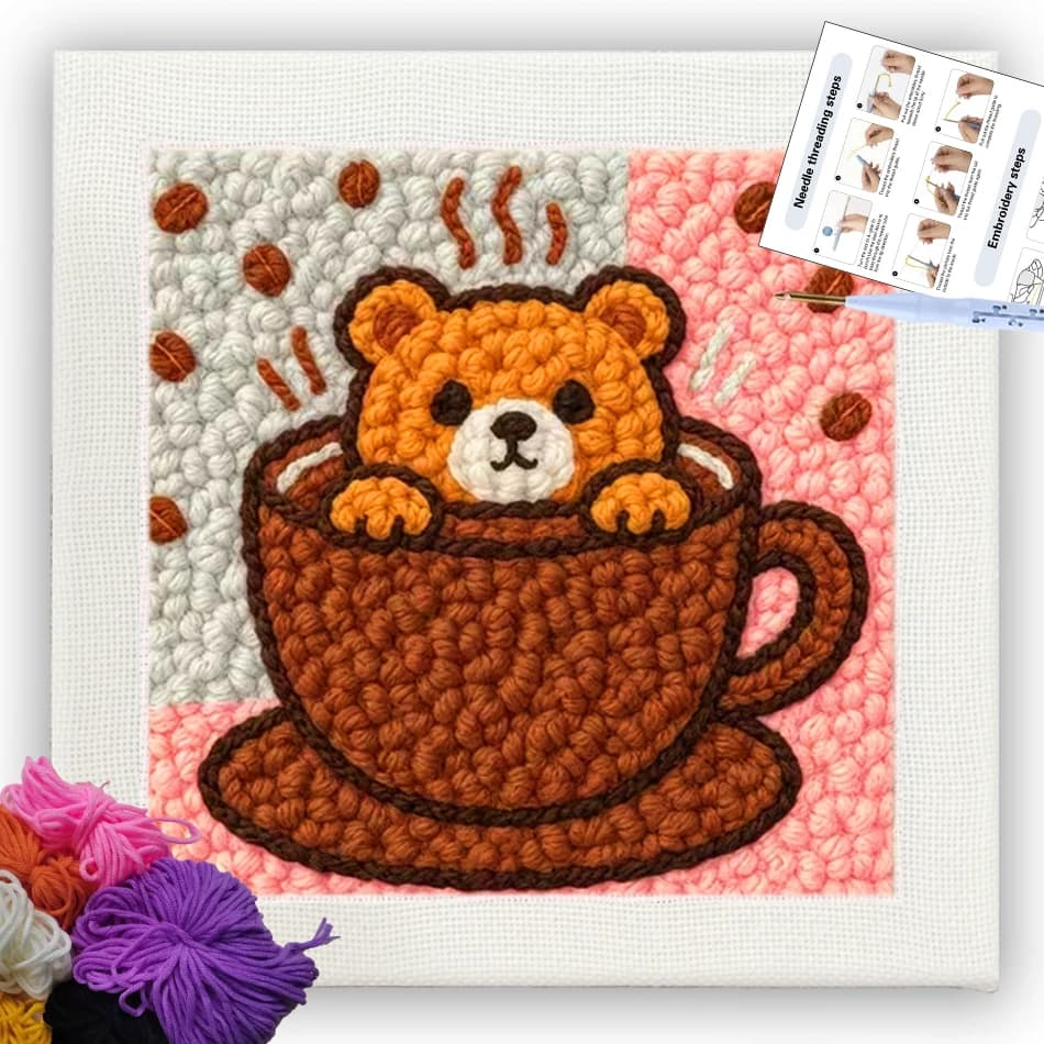 CHENISTORY embroidery punch needle Cup Bear Cartoon Embroidery frame Yarn 25x25cm For Handiwork Sewing Original Gifts Decorative
