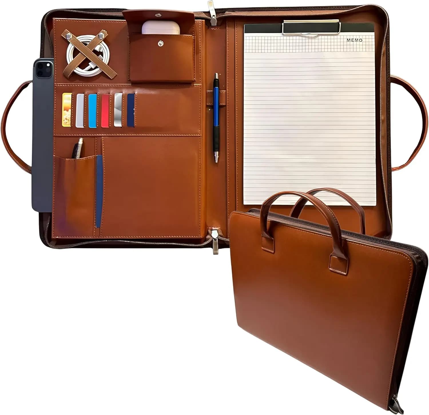 Portadocumenti Professionale in Pelle PU con Manici - Organizzatore con Cerniera per Curriculum, Quaderno, Cartella Sottile per Uomini e Donne