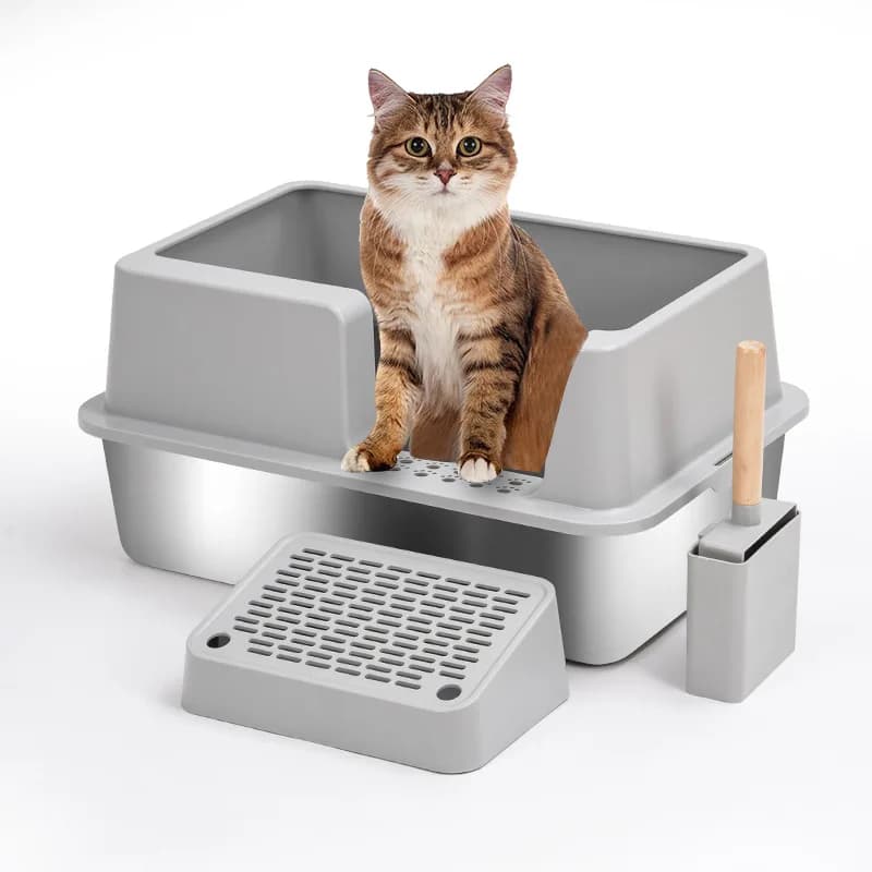 Lettiera per gatti in acciaio inossidabile con coperchio Lettiera per gatti con coperchio Lettiera per gattini facile da pulire Anti-perdite inclusa paletta