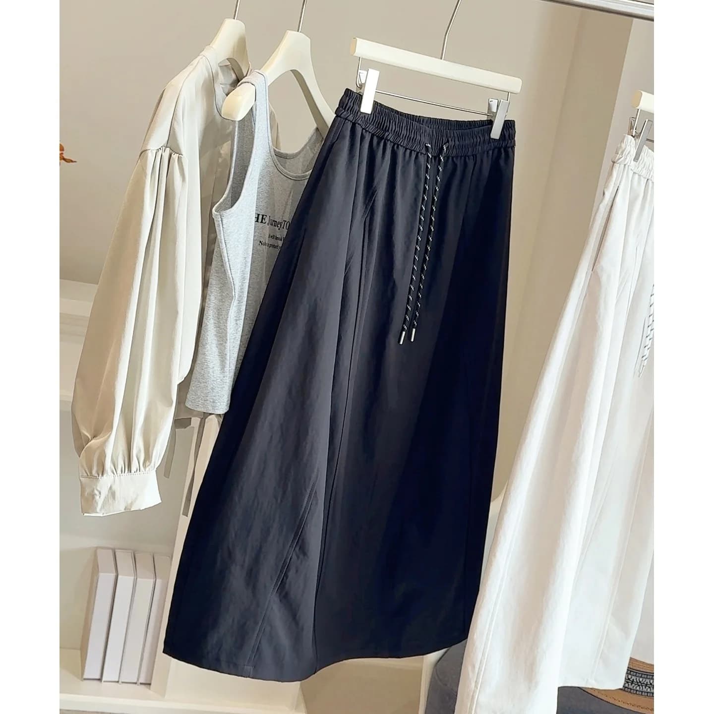 Summer Simple Solid Color Drawstring Lace Casual Fashion Tooling Skirt Women's 2026 New High Waist and Thin A-shaped Long Skirt