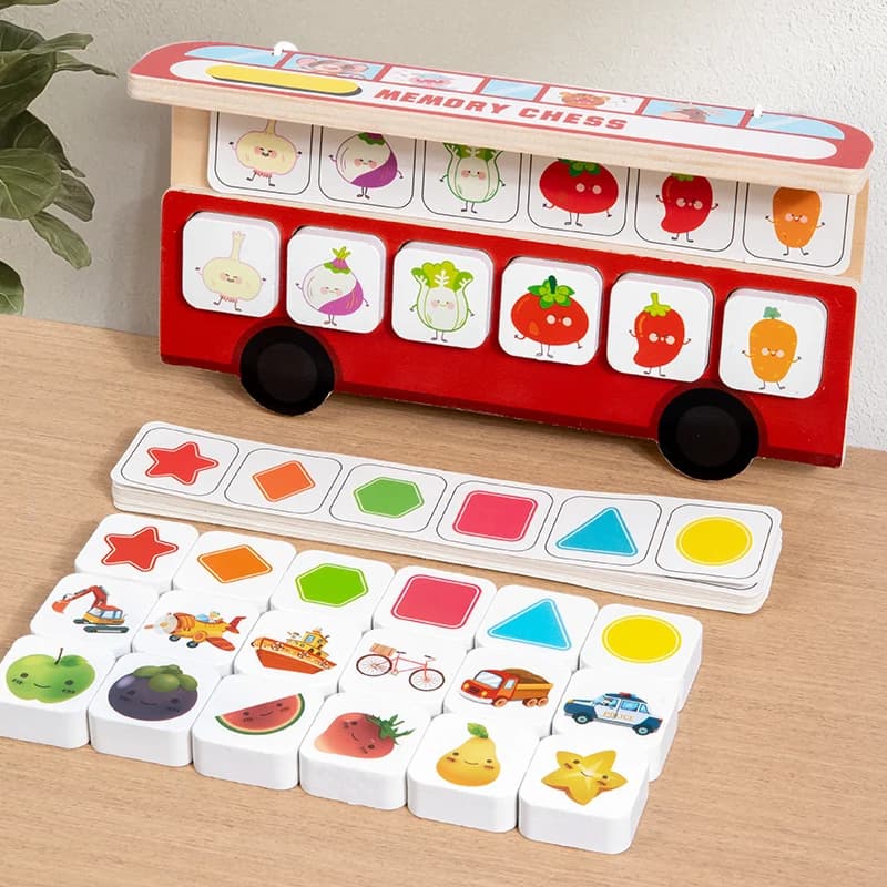 Montessori Matching Board Game Wooden Bus Memory Chess Color Cognition Educational Toys For Children Fruit Shape Blocks Puzzles