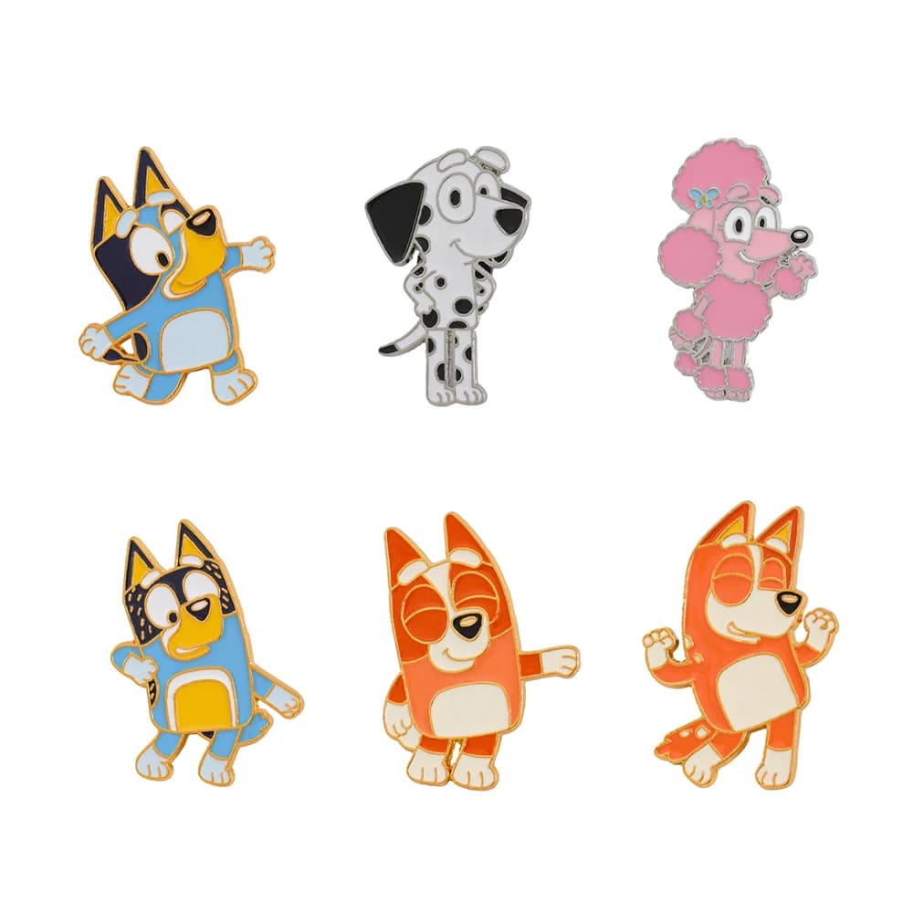 Set di 6 Spille Smaltate Personaggi Cartone Animato Bluey - Distintivi a Forma di Animale per Zaino e Collezione di Gioielli, Include Bingo, Jack, Coco
