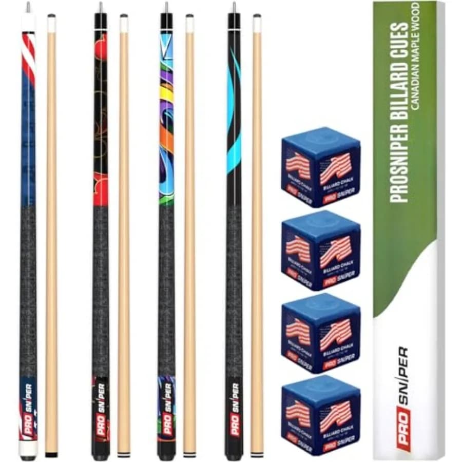 Premium Pool Sticks Set of 4 58-Inch, 19-Oz Canadian Maple Pool Cue with Low-Deflection Shaft and 4 Extra Chalks Pro-Grade Bill