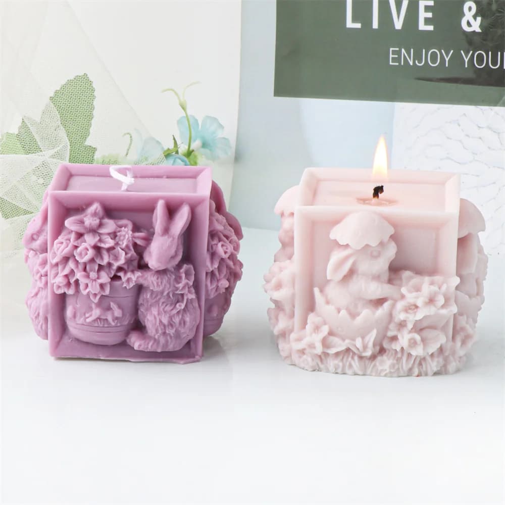 Stampo per candele in silicone con colonna quadrata pasquale, fiore, coniglio, fai da te, coniglietto in rilievo 3D, strumento per la creazione di cristalli, vassoio per ghiaccio per animali