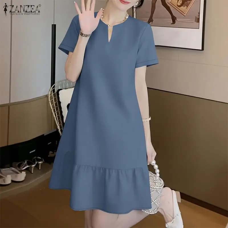 ZANZEA 2026 Summer Sundress Women Elegant Solid Work Dress Casual V Neck Short Sleeve Vestidos Stylish Holiday Knee Length Robe