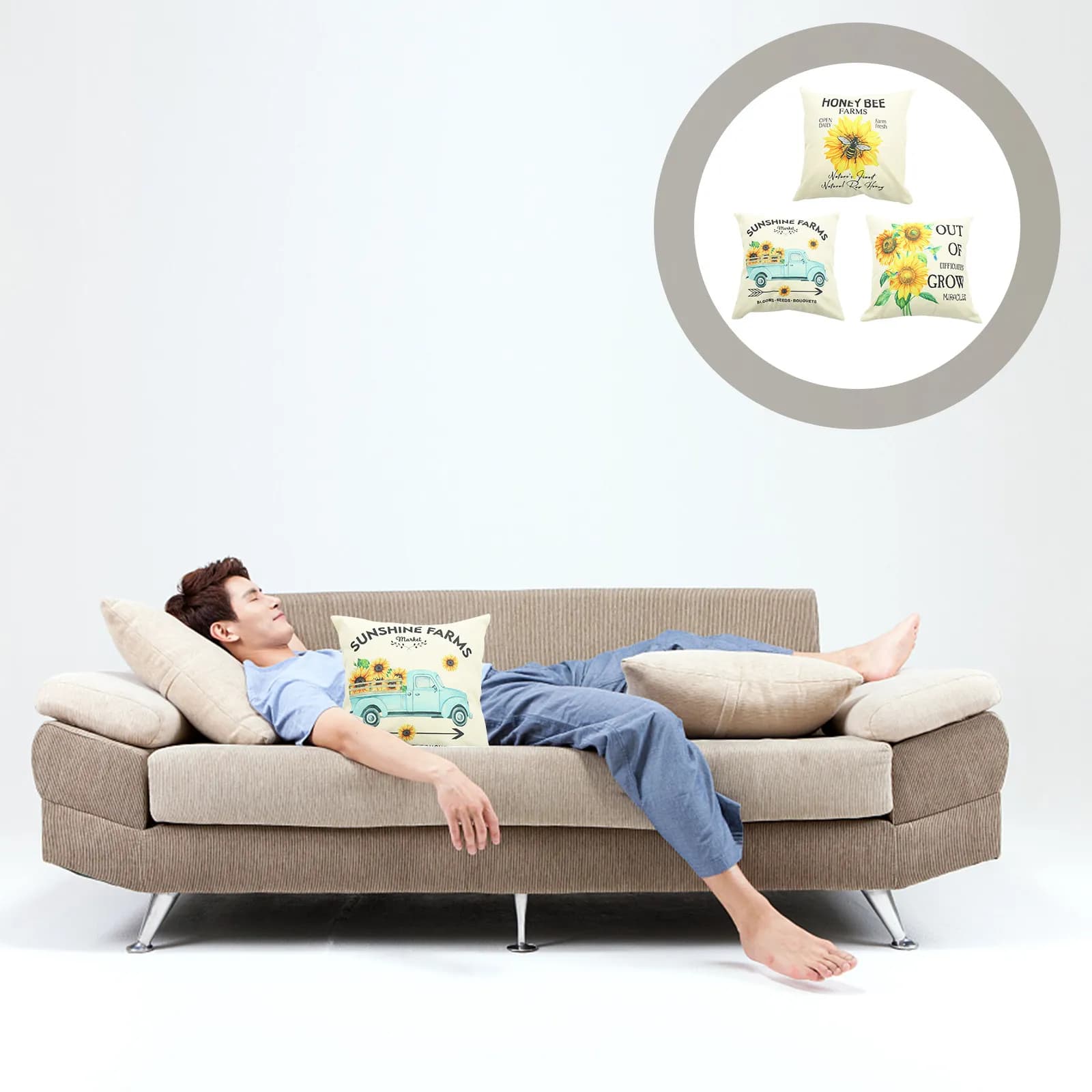 Set di 3 fodere per cuscini in lino con girasoli 45x45cm, decorativi per divano, beige, per l'arredamento della casa, facili da pulire e riutilizzabili