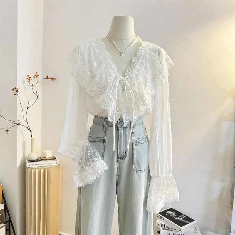 Women's Spring Summer Trends Fashion Patchwork Lace Solid Color V Neck Shirts Fashion Korean Coulisse Long Sleeve Top Tee
