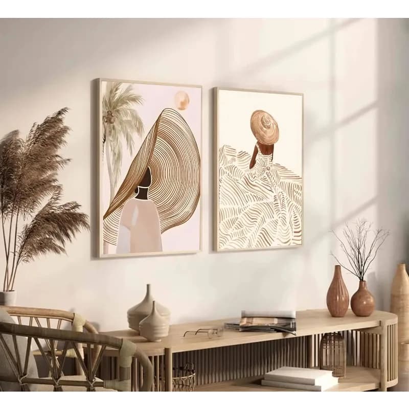 2pcs/Set Bohemian Abstract Female Line Art Poster Black & Pink Frameless Minimalist Female Figure Painting for Living Room Decor