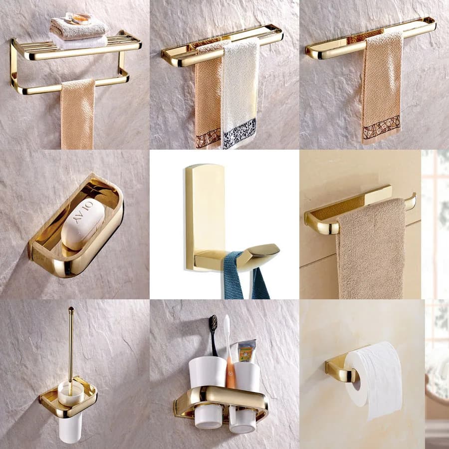 Set di accessori per il bagno a parete in ottone color oro, portasciugamani, portasapone, porta accappatoio, porta carta igienica aset001