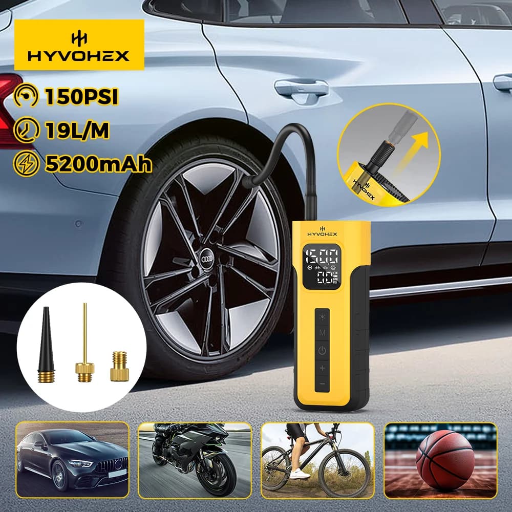 HYVOHEX C2 Pro Gonfiatore Pneumatici Portatile, Ciclo di Lavoro 100%, 5200mAh, Compressore d'Aria per Auto, Luce LED, Pompa d'Aria Senza Fili per Auto e Biciclette