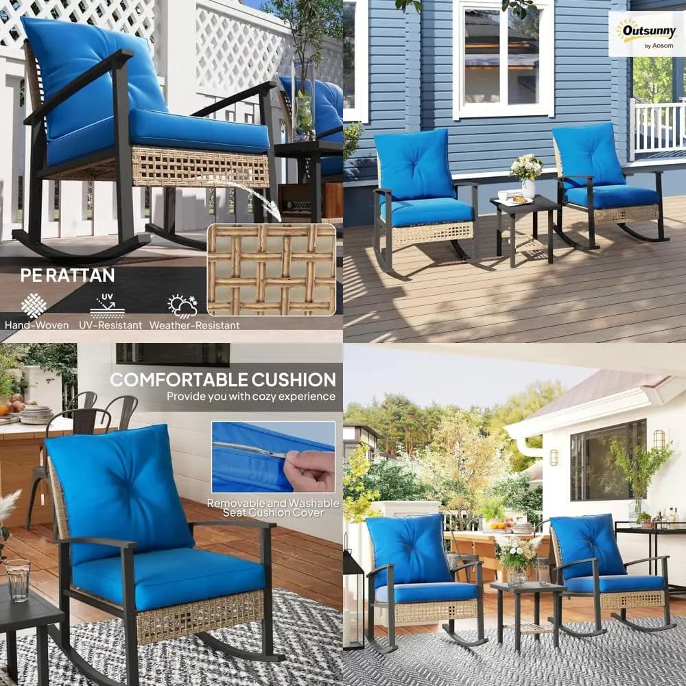 Set Bistrot da Esterno in Vimini a 3 Pezzi con Tavolino e Sedie Imbottite in Rattan per Cortile, Balcone o Giardino