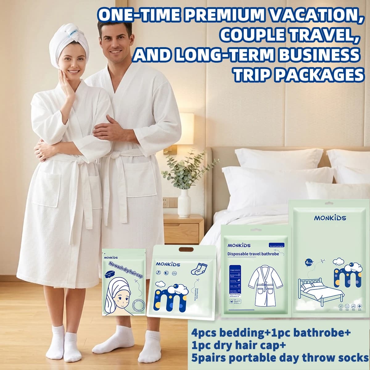 Set da viaggio monouso in 4 pezzi, composto da 4 pezzi per il letto + 1 accappatoio + 1 cappuccio per asciugare i capelli + 5 paia di calzini, morbidi e confortevoli.