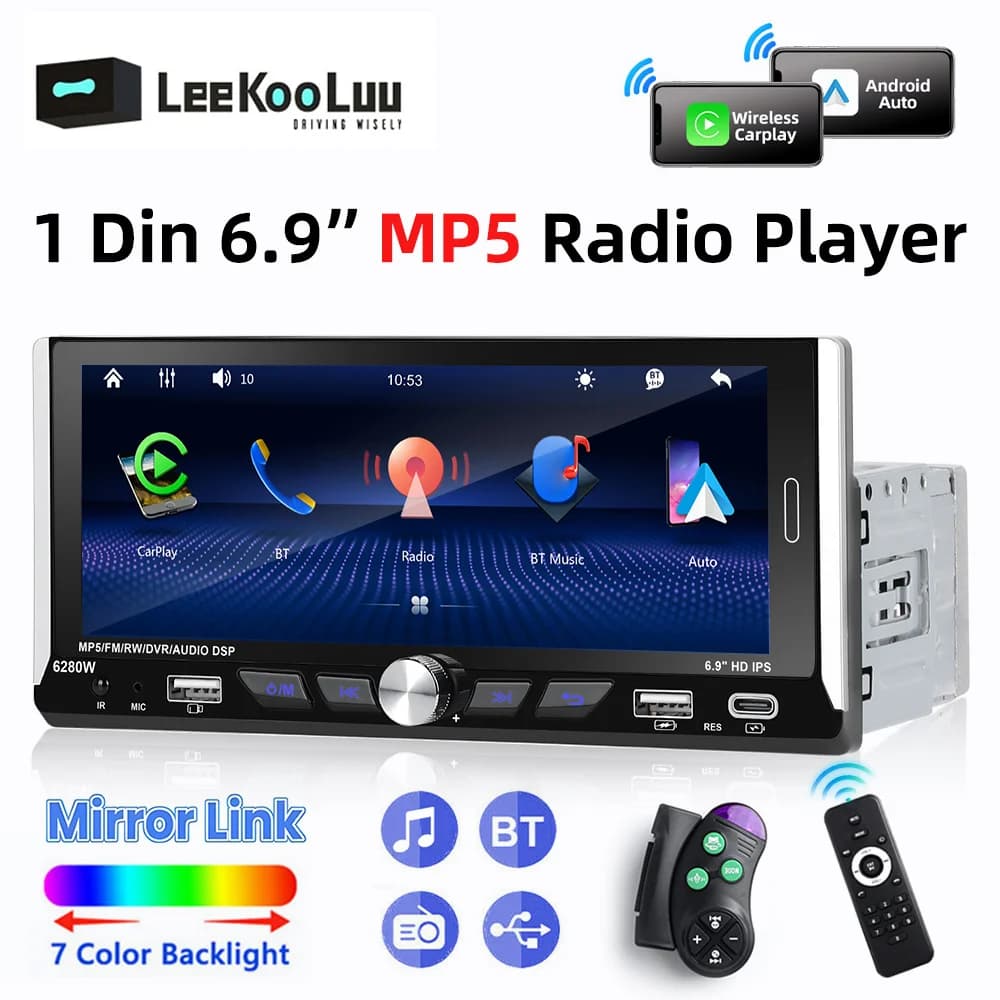 LeeKooLuu 1 Din 6.9 "HD 2.5D IPS Schermo Universale Auto MP5 Lettore Multimediale Bluetooth Radio FM Wireless carplay/Android Auto