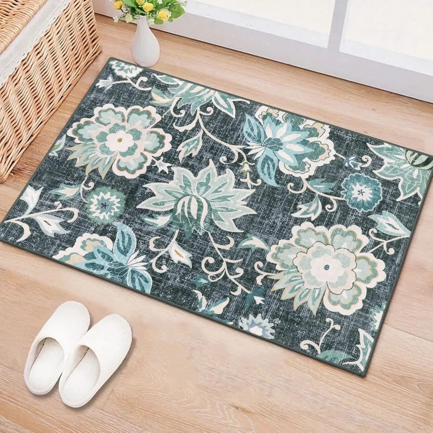 Tappetino da terra con fiori marocchini VIKAMA - Tappetino di benvenuto antiscivolo resistente - Tappeto da bagno - Decorazione per la casa