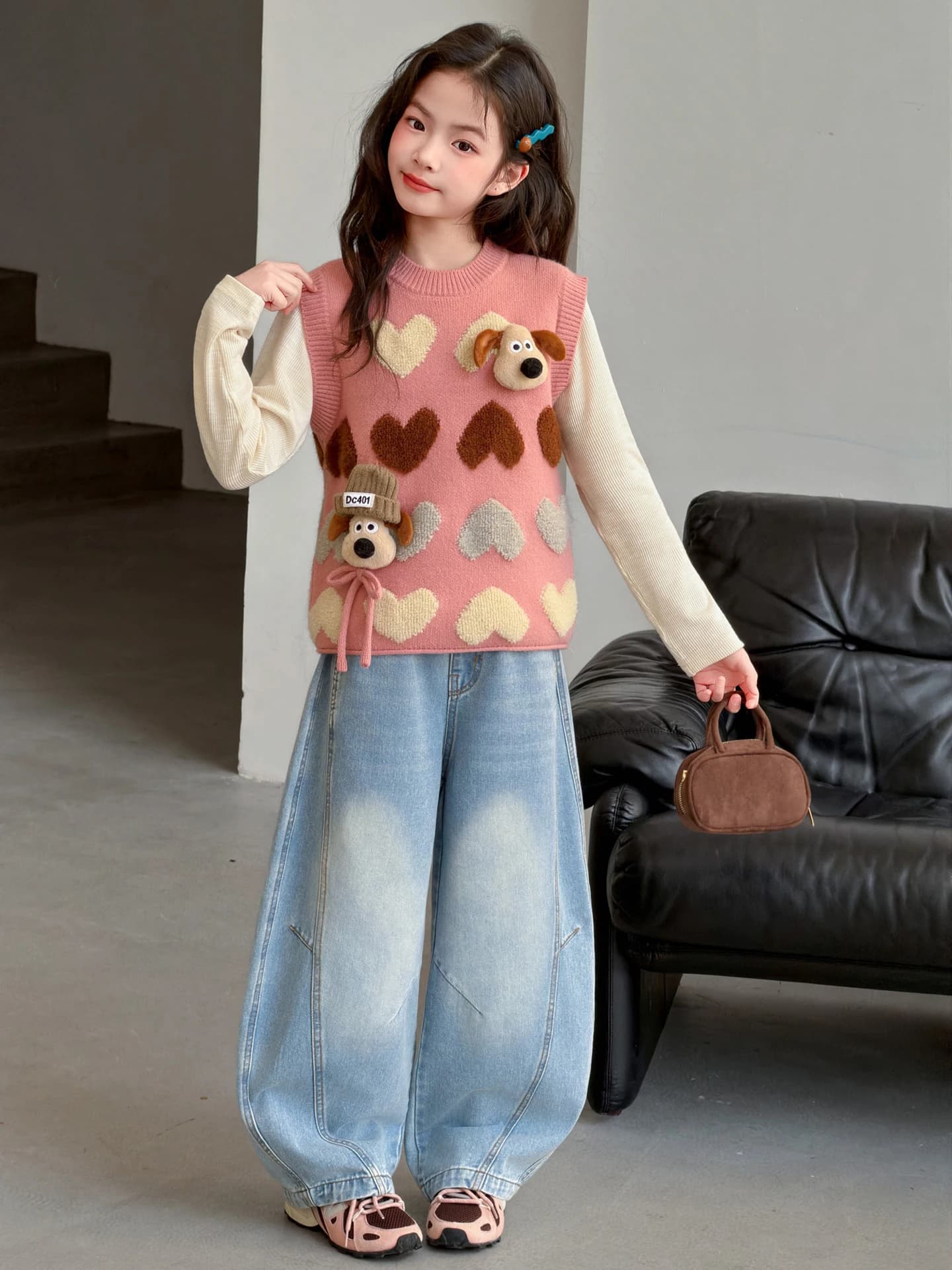 Spring Collection Girls' Three-Piece Set Junior High School Student Style Vest Sweater Jeans Breathable Fashion Set