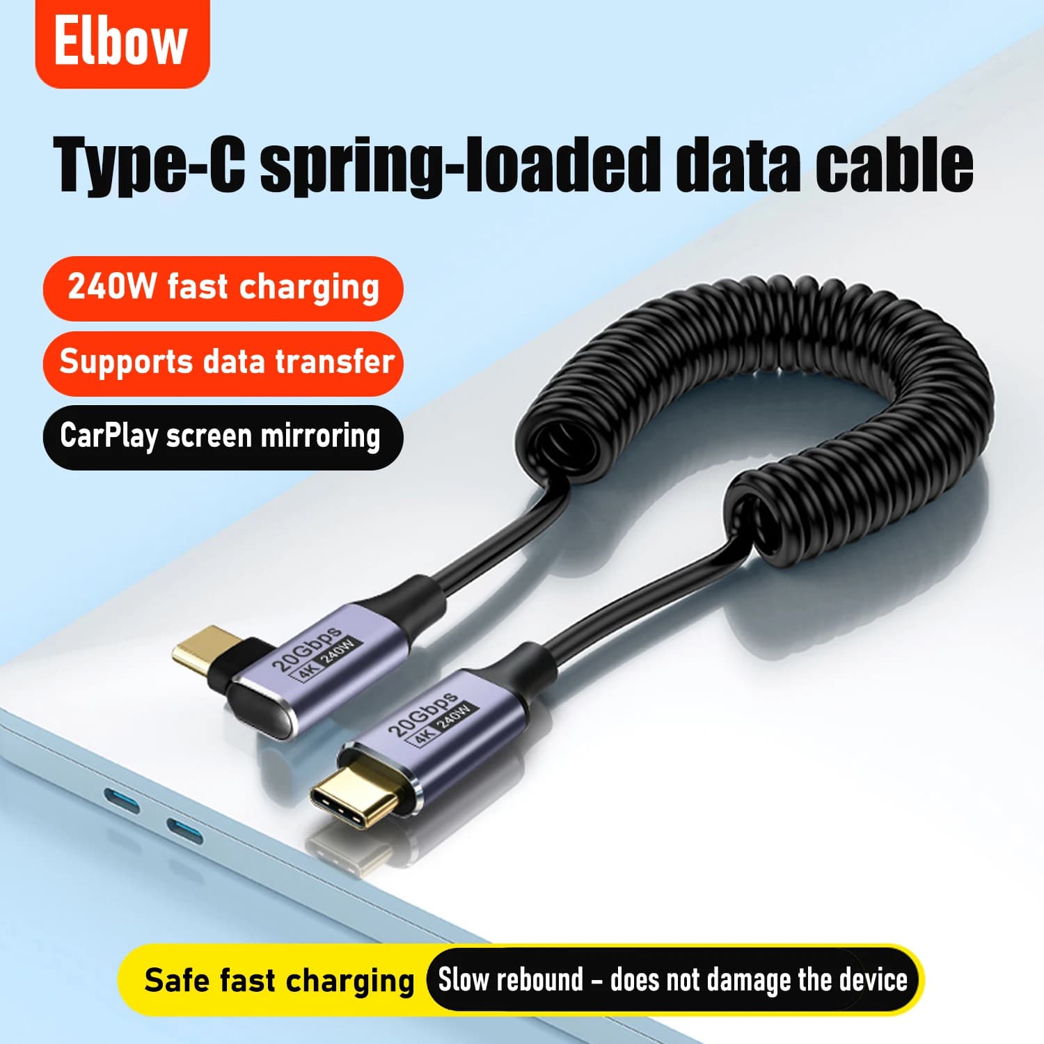 PD 240W Right Angle USB C to USB C Cable,20Gbps,4K@60Hz Spring Spiral Data Cable for Carplay,iPhone 17,Samsung Galaxy A17,Huawei