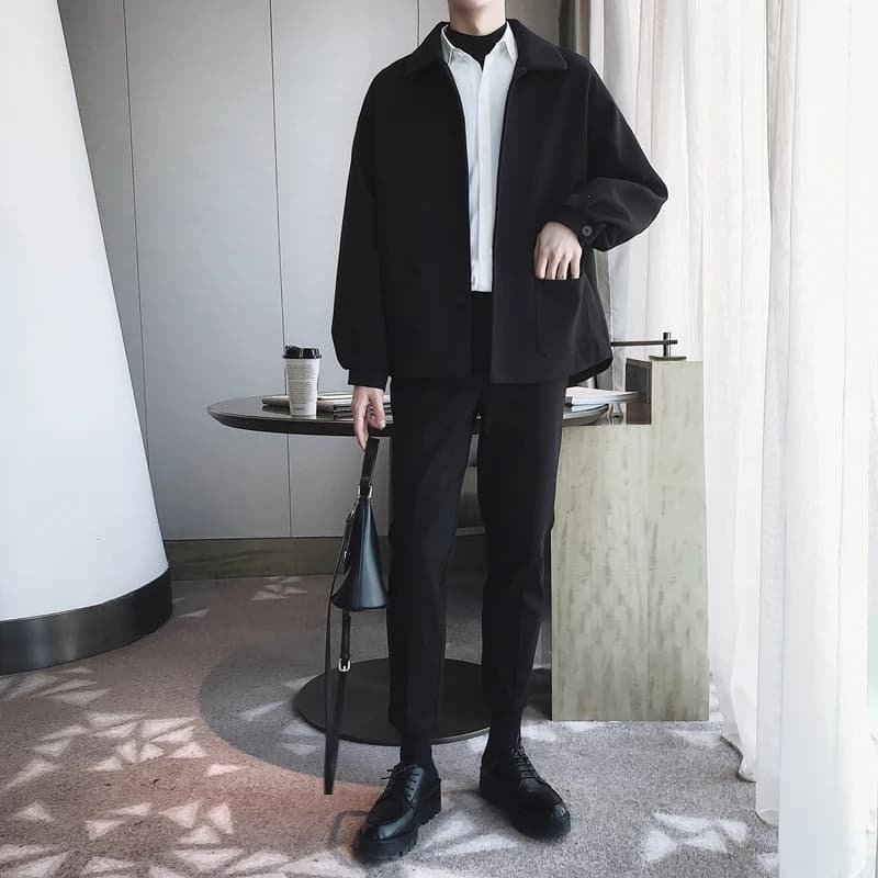 Spring Casual Set Men's Clothes Trendy Korean Loose Woolen Jacket Loose Pants Two-Piece Set Handsome Youth Long Sleeve Nine-P...