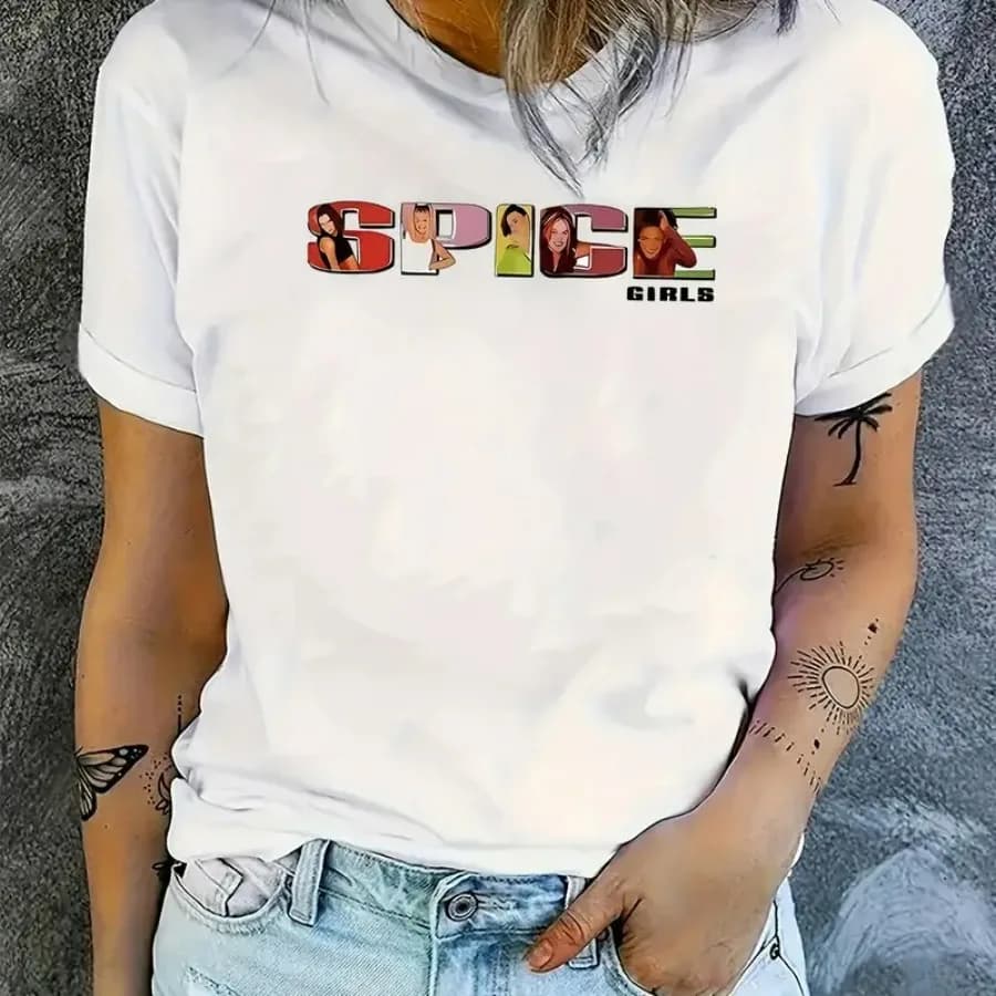 T-shirt Wo SPICE Retro anni '90 - Stampa iconica con logo e testo di canzoni, maglietta casual girocollo adatta per outfit a tema pop culture