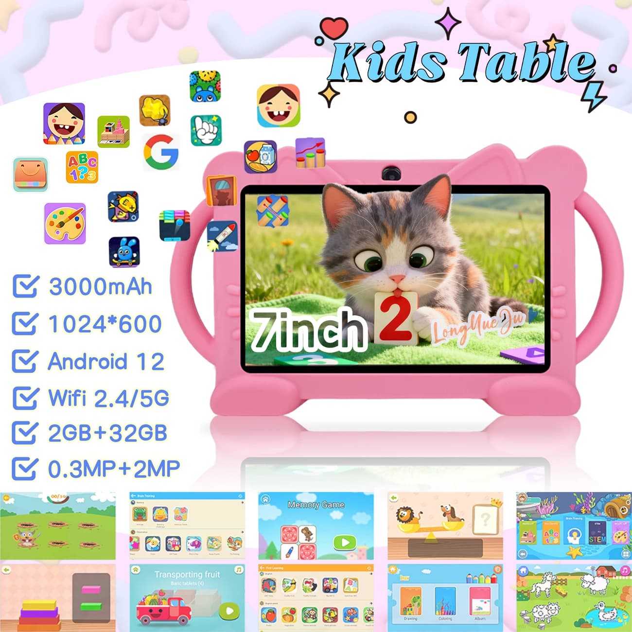 Tablet Android educativo da 7 pollici, 2 GB + 32 GB, schermo HD, software iWAWA, controllo parentale, custodia in silicone, regalo, blu/rosa