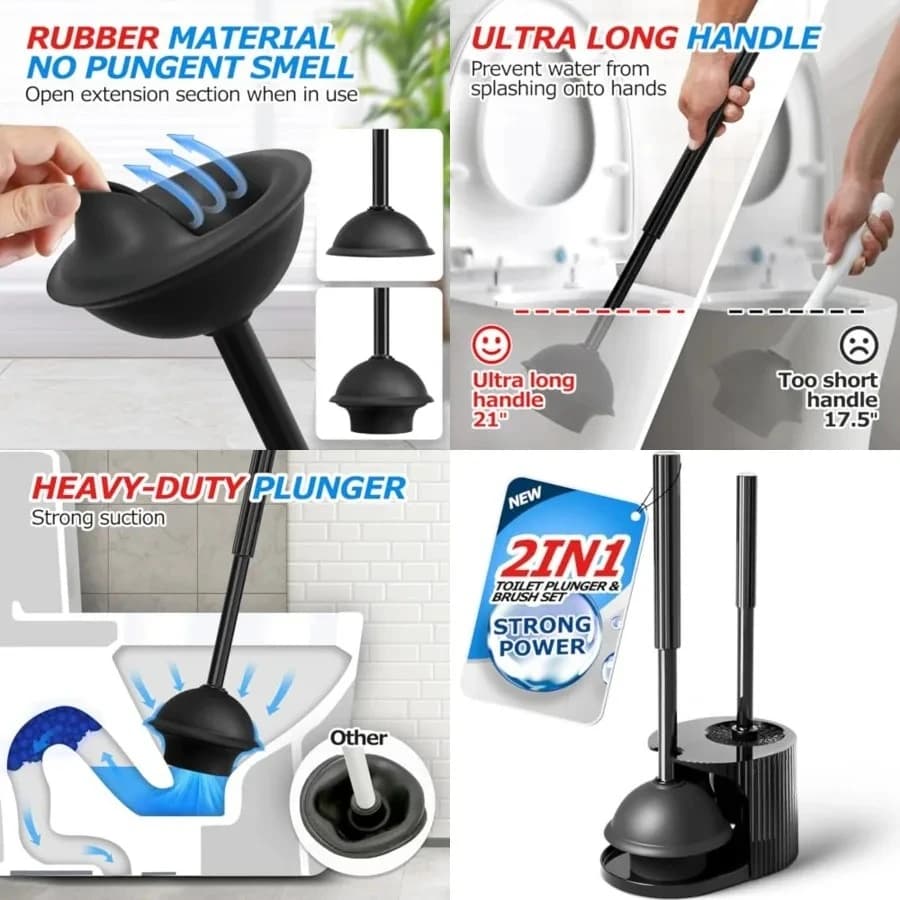 Set di sturalavandini e spazzole per WC 2 in 1, sturalavandini con manico allungato, set di spazzole e sturalavandini per WC, strumenti per la pulizia del bagno, combo spazzola e sturalavandini per WC, spazzola per la pulizia, articoli per la pulizia del bagno