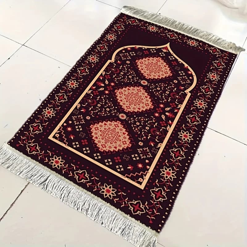 Tappetino da Preghiera Musulmano Lavabile VIKAMA Rosso in Stile Etnico con Nappe per Pellegrinaggio e Culto Religioso