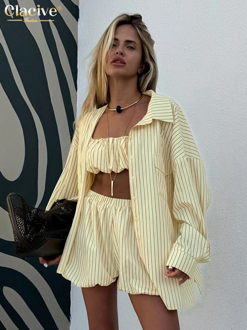 Clacive Fashion 2-piece set with wide striped women print 2025 Elegant long sleeve shirt + Top tube with high waist shorts Women's set