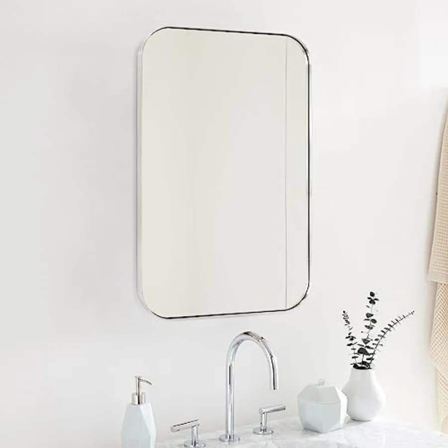Specchio da Bagno Rettangolare Arrotondato 22x30'' con Cornice in Acciaio Inossidabile, Specchio da Bagno Verticale e Orizzontale