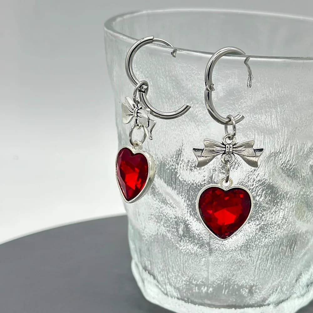 Y2K Red Heart Crystal Bowknot Dangle Earrings for Women Grunge Goth Harajuku Ribbon Bow Charms Drop Earrings Egirl Jewelry