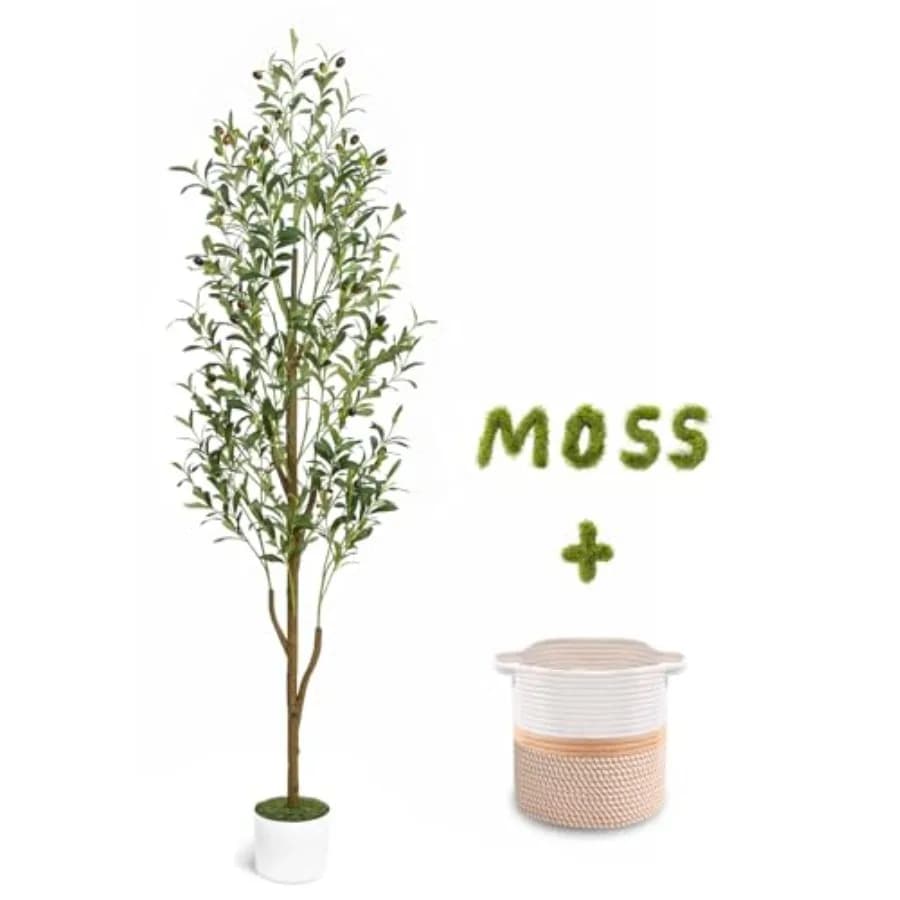 Albero di Ulivo Artificiale, Alberi di Ulivo Finti Alti 6 Piedi con Vaso e Cesto, Piante Artificiali da Interno con Tronco in Legno Naturale