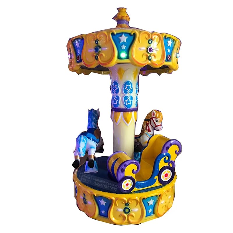 Cavallo giallo a carosello tre posti per bambini a gettoni Kiddie Ride Merry Go Round Theme Park Macchina da gioco arcade per il cortile di casa