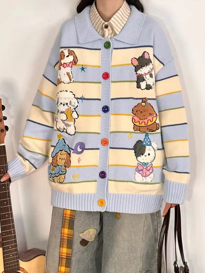 Women's Kawaii Cartoon Dog Embroidered Cardigan Chic Japanese Style Contrast Stripe Polo Collar Loose Knit Sweater Outerwear