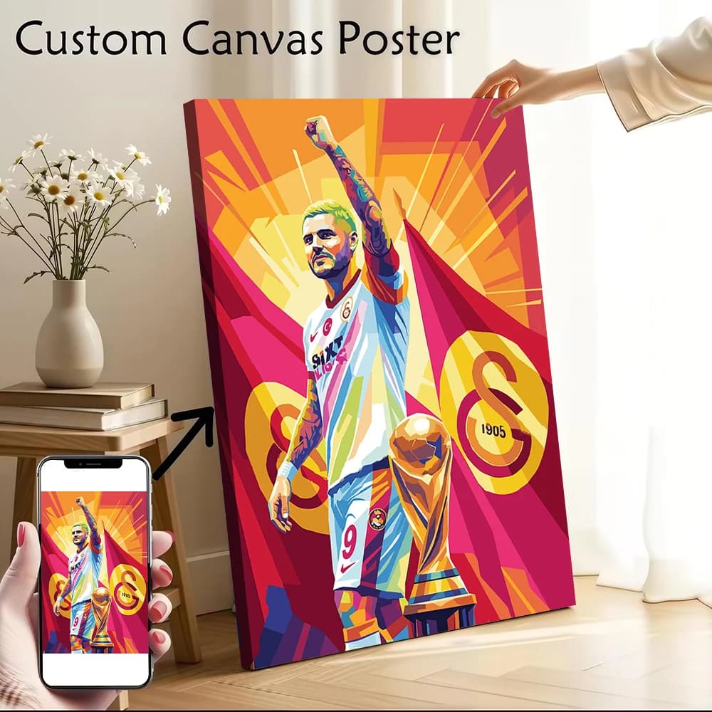 Poster su Tela con Calciatore, Trofeo e Bandiere, Quadri Personalizzati, Arte Murale su Tela per Decorazioni da Camera da Letto