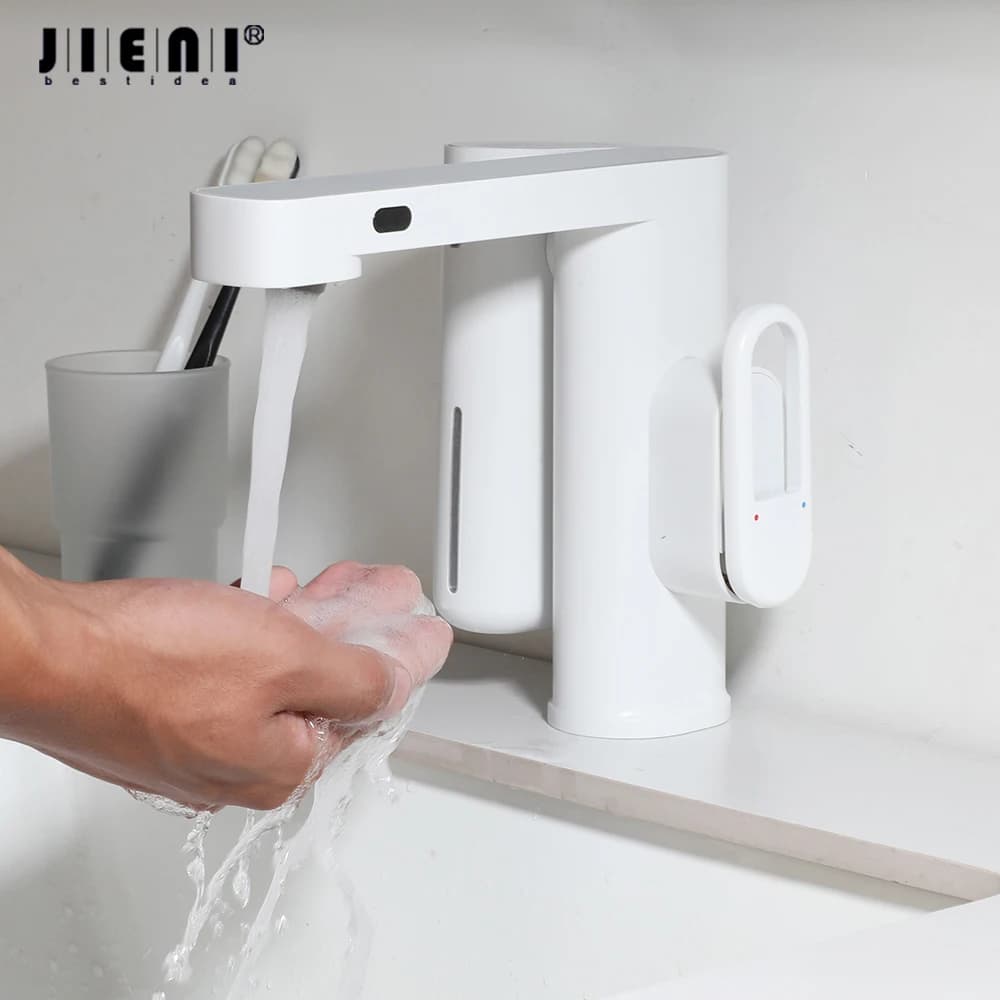 JIENI Rubinetto con sensore per lavabo da bagno con dispenser di sapone in schiuma Rubinetti miscelatori con uscita acqua calda fredda montata su piano a foro singolo Touch Free