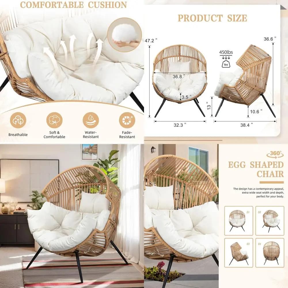 Poltrona a uovo in vimini imbottita e sovradimensionata per patio, interni, balcone, cortile, giardino - Beige