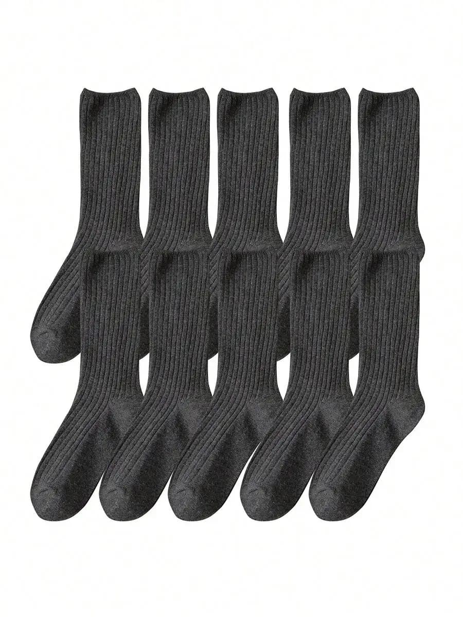 10 Pairs All Season Solid Color Women Cotton Ribbed Socks One Size