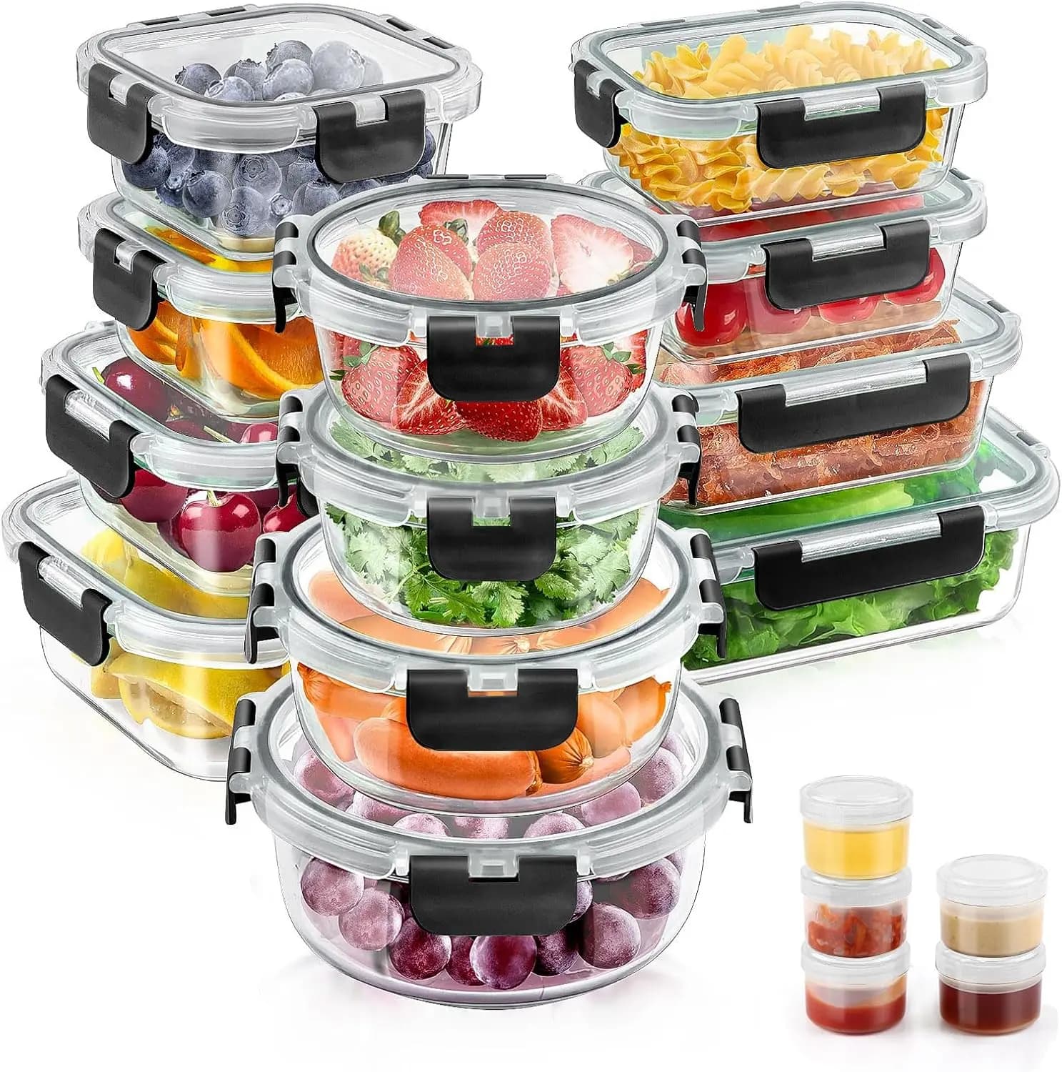 Set di 34 Contenitori in Vetro per Alimenti con Coperchi, Ermetici, Adatti per Microonde, Forno e Lavastoviglie