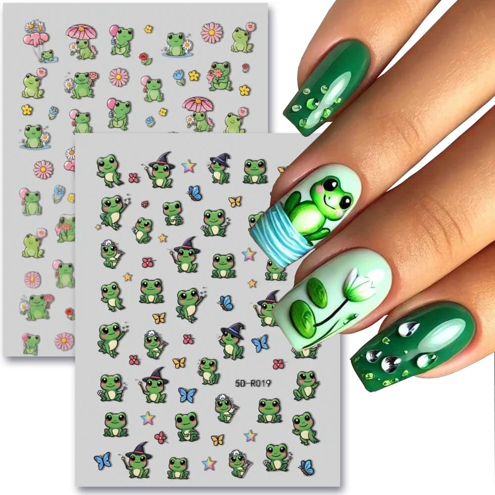 2pcs Cartoon Green Frog Flower Nail Art Stickers Cute Round-eyed Frog Lotus Leaf Nail Decals Blushing Frog Summer Child Stickers