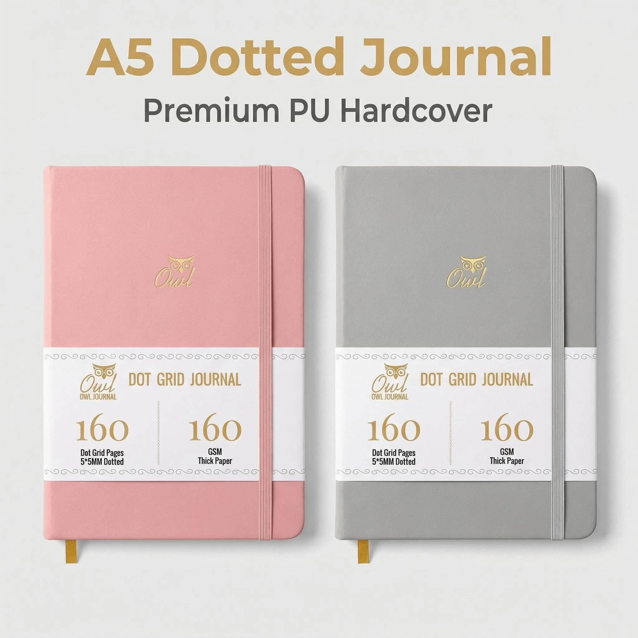 A5 Dotted Notebook for Journaling, Note - taking, Drawing, PU Leather, 160GSM, Pink & Gray