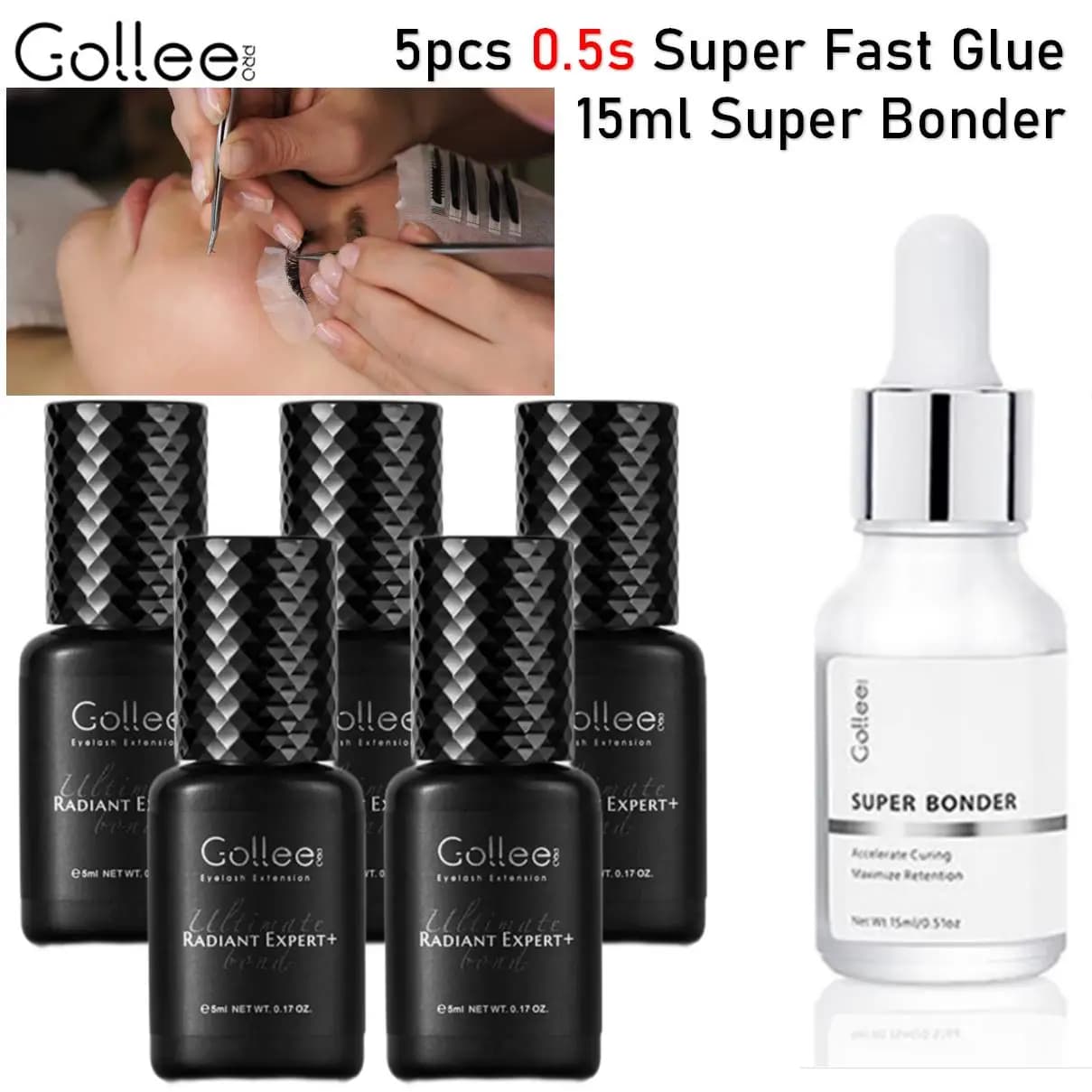 GOLLEE 5PCS Colla per Estensione Ciglia 0.5S Quick Dry 8 Settimana Ciglia Finte Adesivo Nero Super Bonder Estensioni Ciglia Sigillante Fornitori