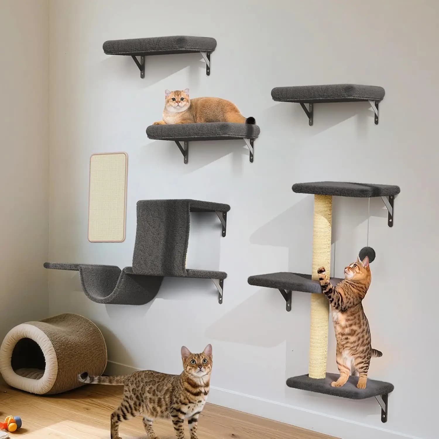 Indoor Furniture for Large Cats, Wooden, Black, 5 - in - 1 Set, Stable & Safe for 40LBS Cats on 16 Inch Drywall