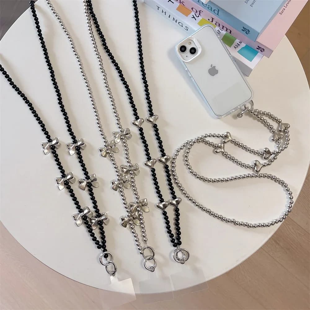 Elegant silvery bow beads cord strap strap bracelet for phone luxury chain pendant for phone jewelry with anti-smarriage cord