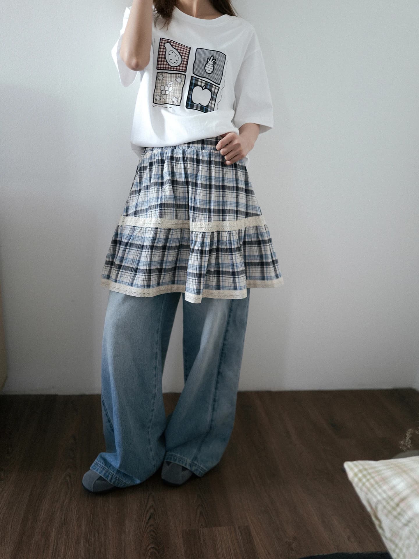 Two-Tier Ruffle Color Block Blue White Gingham Loose Outerwear Korean Style Breathable Skin-Friendly Spring Summer Skirt