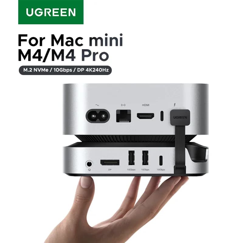 Docking Station UGREEN per Mac Mini, Hub USB Type-C a DP 4K240Hz, Slot M.2 NVMe SSD, Splitter USB-A 10Gbps, SD&TF, 3.5MM